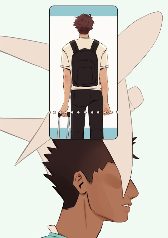 ID: A panel of Oikawa as he holds a suitcase. His back is facing the camera. The panel he’s in is fashioned into a boarding pass, and the borders reflect the patterns of the flag of Argentina. Underneath the panel is an airplane, and the wing of the airplane covers Iwaizumi’s face, obscuring his eyes. End ID.