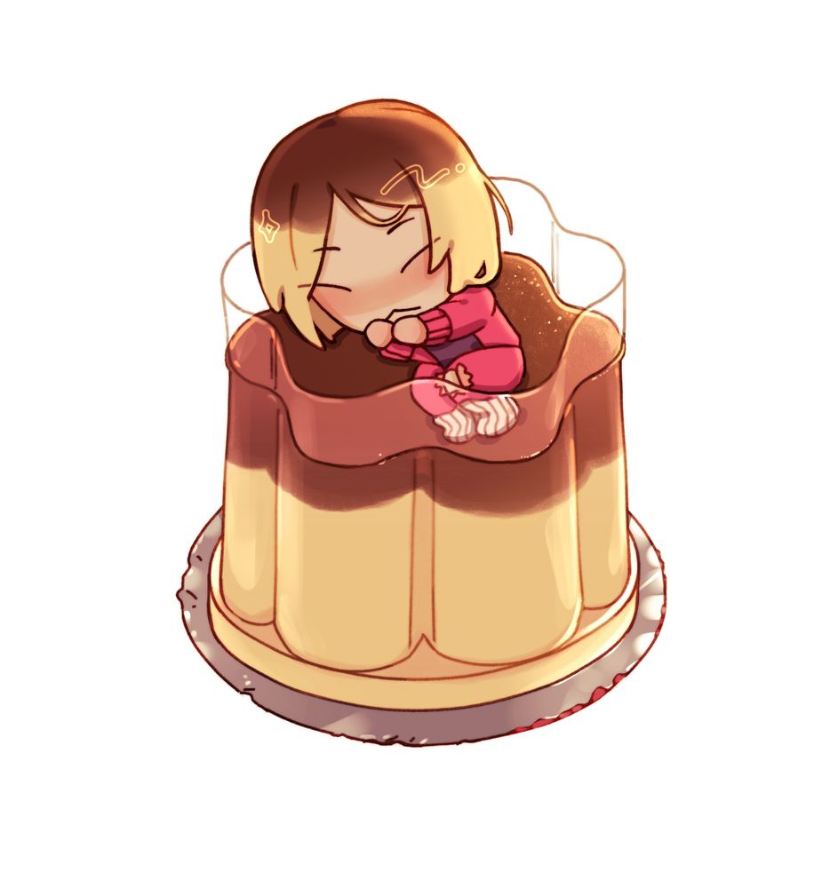 ID: a drawing of chibi kenma from Haikyuu. He's sleeping and curled inside of an upside down pudding cup. The pudding cup has the same markings and colors as his hair. End ID. 