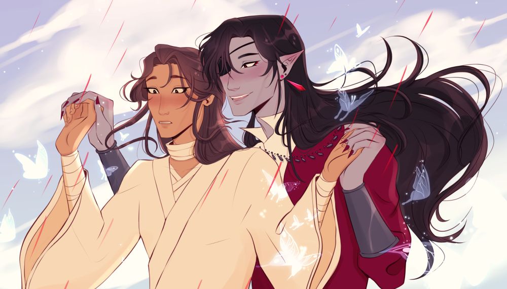 ID: A drawing of Hua Cheng and Xie Lian from TGCF in the famous Howl and Sophie pose from Howl's Moving Castle where Howl takes Sophie to walk in the air. Hua Cheng is smiling and Xie Lian looks surprised, but he's blushing. Their hair moves in the air and Hua Cheng holds Xie Lian's hands up. The purple sky and blood rain are in the background, and translucent butterflies fly around them. End ID.