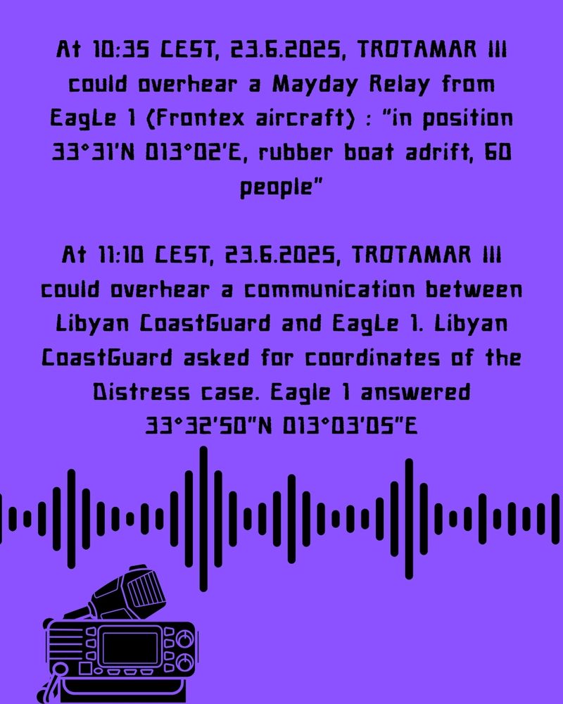 At 1035 CEST, 23.6.2025, TROTAMAR III could overhear a Mayday Relay from Eagle1: in position 33°31'N 013°02'E, rubber boat adrift, 60 people
At 1110 CEST, 23.6.2025, TROTAMAR III could overhear a communication between Libyan CoastGuard and Eagle1. Libyan CoastGuard asked for coordinates of the Distress Case (DC). Eagle1 answered 33°32'50"N 013°03'05"E