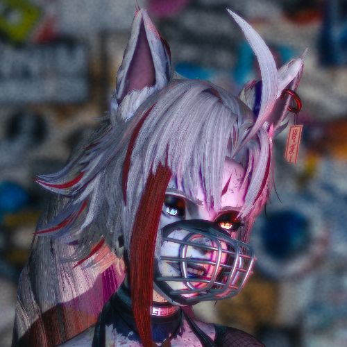 Fox demon vtuber, Vixwytch, wearing a muzzle.