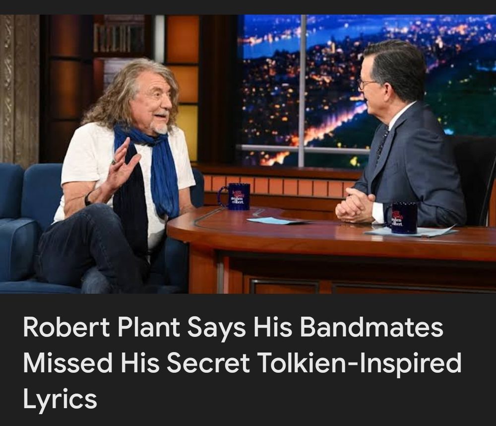 A picture of Robert Plant and Stephen Colbert
