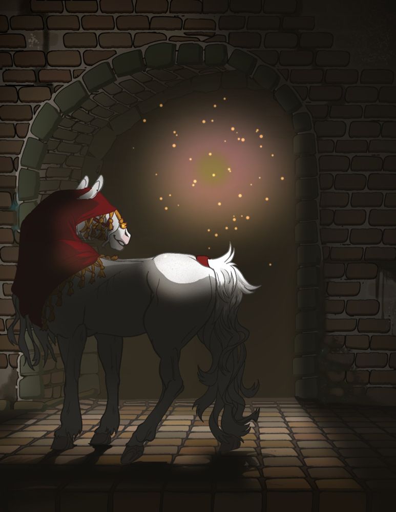 Within a dark dungeon, A stocky white horse adorned in a red hood lingers mid-step to gaze at tiny, twinkling lights in the air.