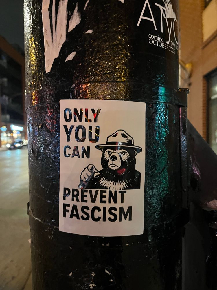Poster that reads “only you can prevent fascism” with a picture of Smokey the bear