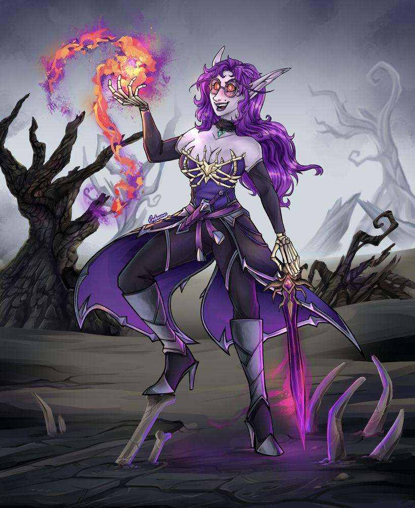 the same character as before, now touched by undeath and shadowflame. the warlock stands in the ruins of the Dead Scar, one heeled boot atop a bone in the dirt, and one hand points a glowing purple blade into the ground. she cackles madly, one hand raised to play with shadowflame magic spilling from the hand. Her hands are skeletal, her hair is now dark violet, and her skin tone has washed out to a pale lavender. Her armor is menacing tones of black, silver, and purple.