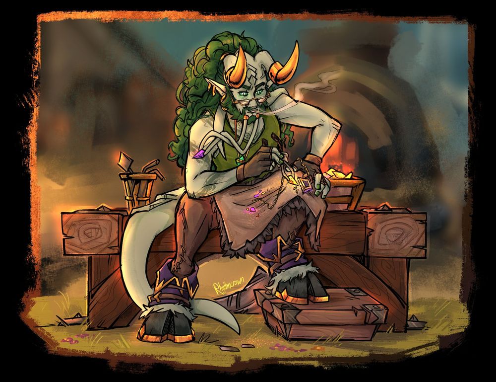 A minty Draenei with curly green hair sits on a wooden table near a forge in Hallowfall, working on a project. Supplies surround him, and he uses some kind of pliers to manipulate a golden crystal near a strange emblem, over a leather pelt draped across his lap. He looks deep in thought, holding a dark purple crystal off to the side with two tendrils, and in his mouth is a cigarette billowing a trail of smoke.