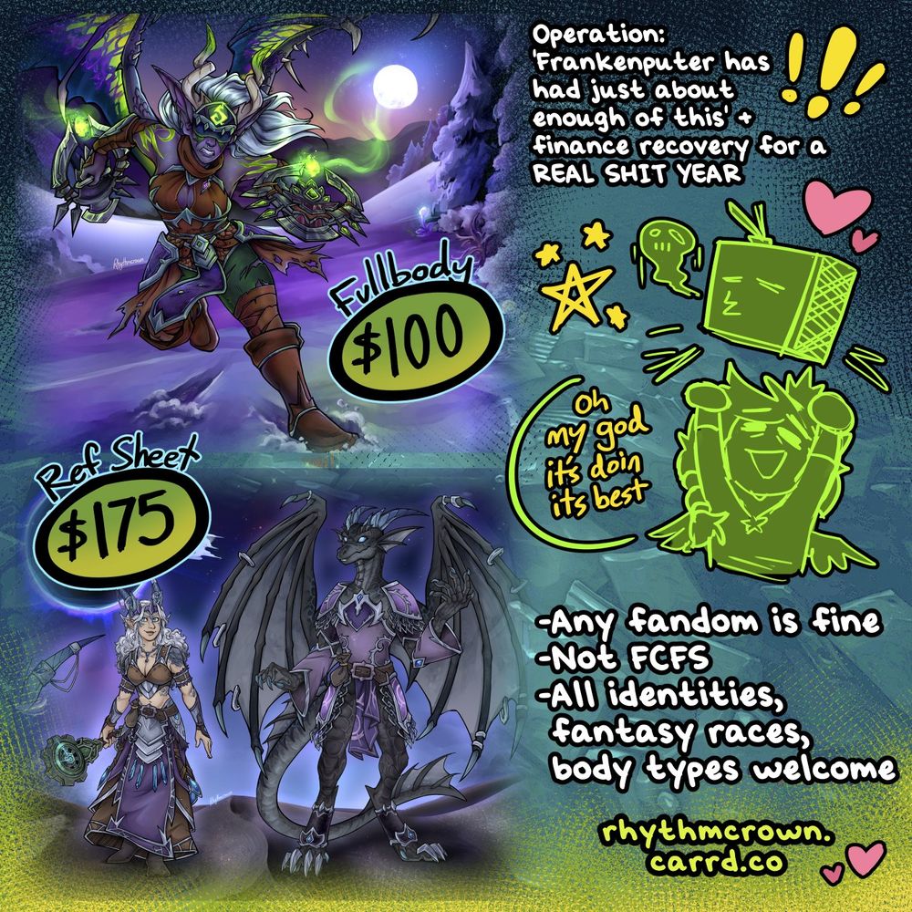 an image showcasing a full body and reference sheet commission example, with a doodle off to the side of a mascot-like creature raising up a struggling PC with the text 'oh my god it's doin its best'. Text reads: Operation: \Frankenputer has had just about enough of this' + finance recovery for a real shit year. Terms of service are listed, as well as the url rhythmcrown.carrd.co. [END TEXT]