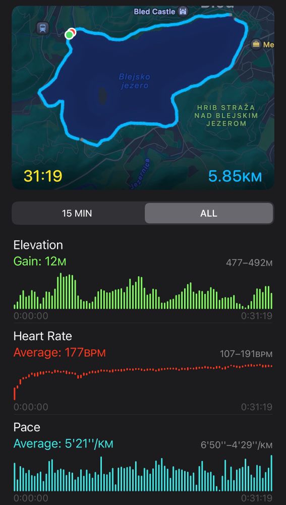 Screenshot of a 5.85km run around Lake Bled — 31 minutes and 19 seconds. 12m elevation gain. Average pace: 5’31”/km. Heart rate held at 177 BPM.