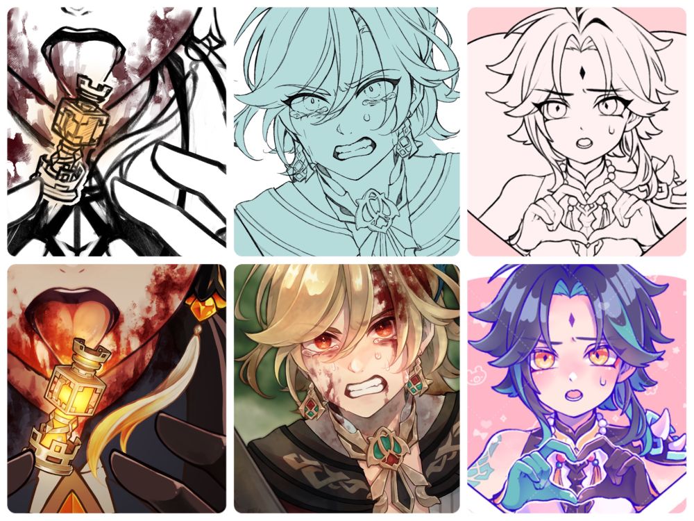 イラストの下書き→完成を載せています。流血表現を含みます。