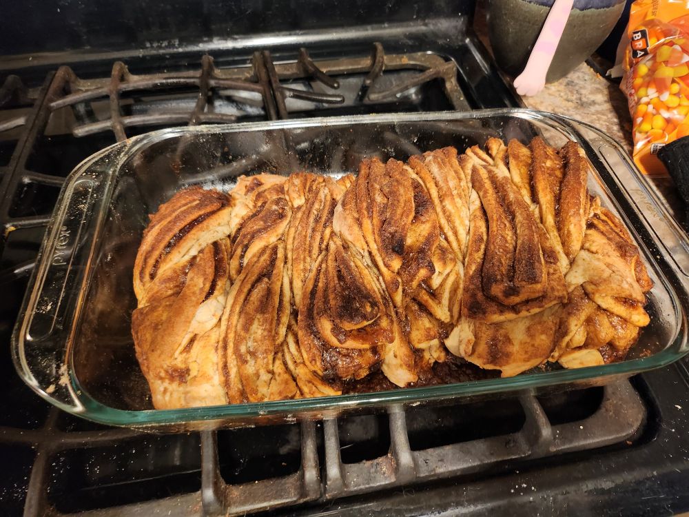 Twisted cinnamon rolls in a baking dish