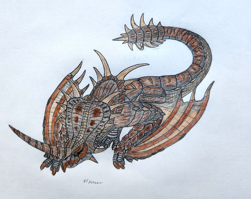 A traditional color pencil drawing of Monoblos from Monster Hunter.
(A lighten up filter version)