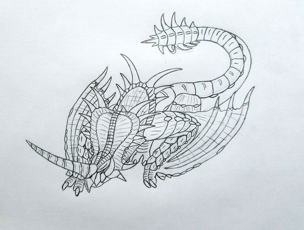 Wip of Monoblos
#monsterhunter
A lineart of traditional fully body drawing of monoblos from monster hunter.