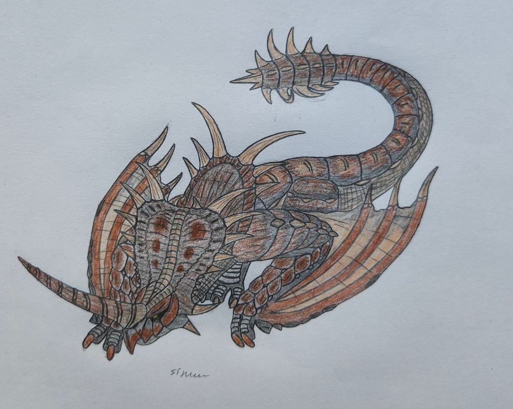 A traditional color pencil drawing of Monoblos from Monster Hunter.