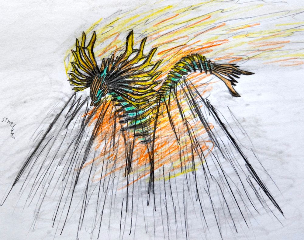 Jin dahaad
#monsterhunterwilds
Drawing shows a gigantic leviathan Jin dahaad (long reptile like monster) perfoming it's most powerful attack. 