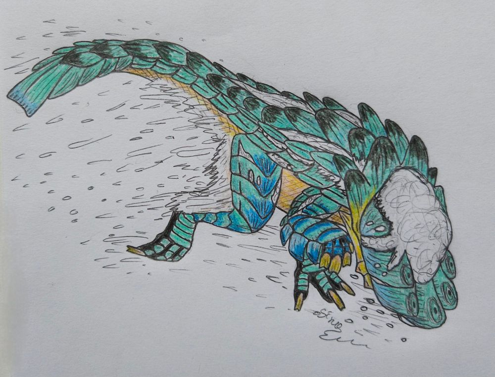 Jade barroth #monsterhunter
A traditional colored drawing of a dinosaur like creature from Monster Hunter game series.