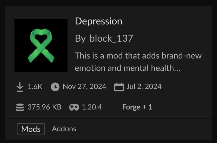 Screenshot of the depression mod for Minecraft 