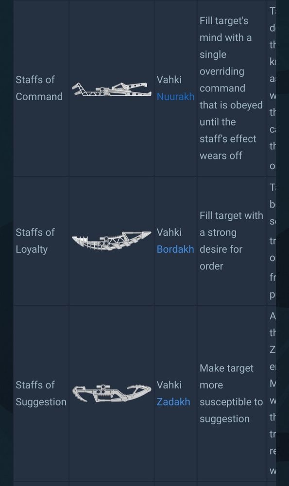 Screenshot of Bionicle wiki listing the effects of certain staffs used by the Vahki. The first is the staff of command, which let's the Vahki implant a command into a matoran's mind that will be followed until the effect wears off