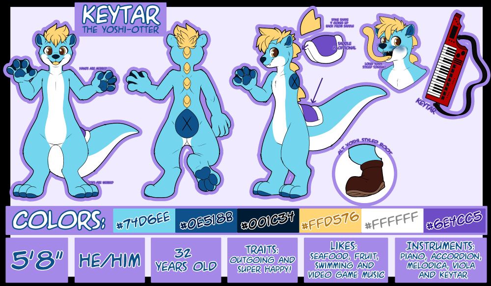 Ref sheet for Keytar the yoshi-otter, by ParalleltheBat!
Some of the info listed:
Height: 5'8'' (hey that's my irl height!)
He/Him
32 years old (hey that's how old I was in 2022!)
Traits: Outgoing and Super Happy!
Likes: Seafood, fruit, swimming, and video game music
Instruments: Piano, accordion, melodica, viola and keytar