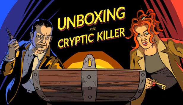 The promotional image for the videogame Unboxing the Cryptic Killer. There is an open treasure chest facing away from the viewer, and there are two people staring into it. One is a man with a walkie talkie and he is wearing a trenchcoat, white buttonup shirt, and tie, with black slicked back hair. The other is a woman holding a key, also in a trenchcoat, in a grey shirt, with red curly hair in a high ponytail. 