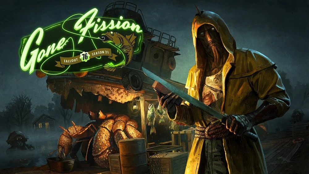 Promotional art for Fallout 76's Season 21, Gone Fission. A Fish Man stands on a murky dock in the dark, sharpening a machete. Behind him is a giant hermit crab that has used a sunken boat as a home. 