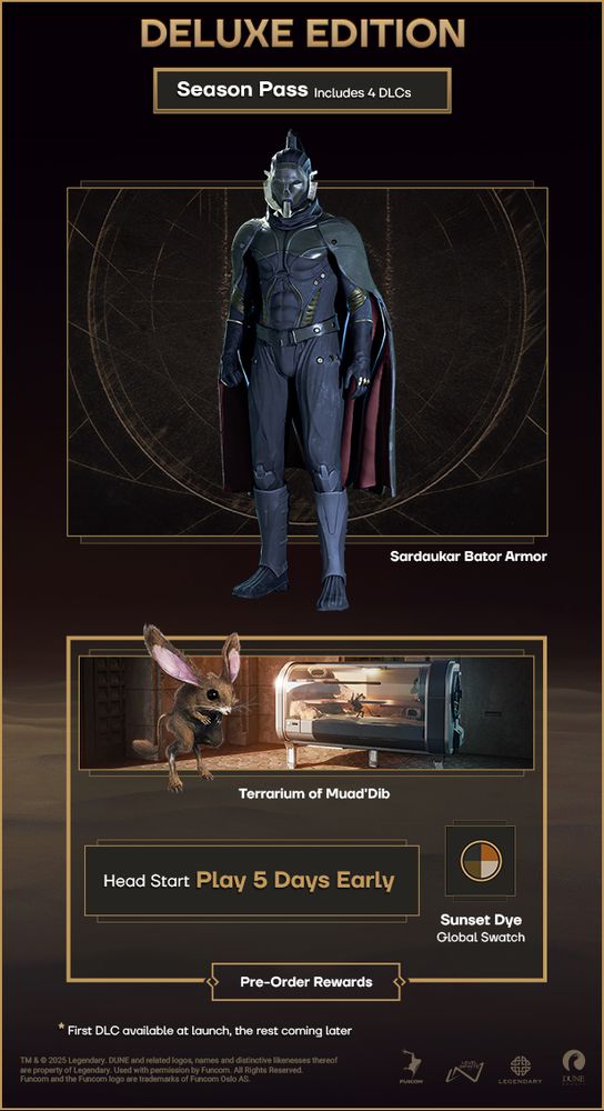 A promotional graphic for Dune: Awakening, describing the items you can get with the Deluxe Edition of the game, including armor, a pet jerboa, a dye set, the season pass, and the ability to play five days early.