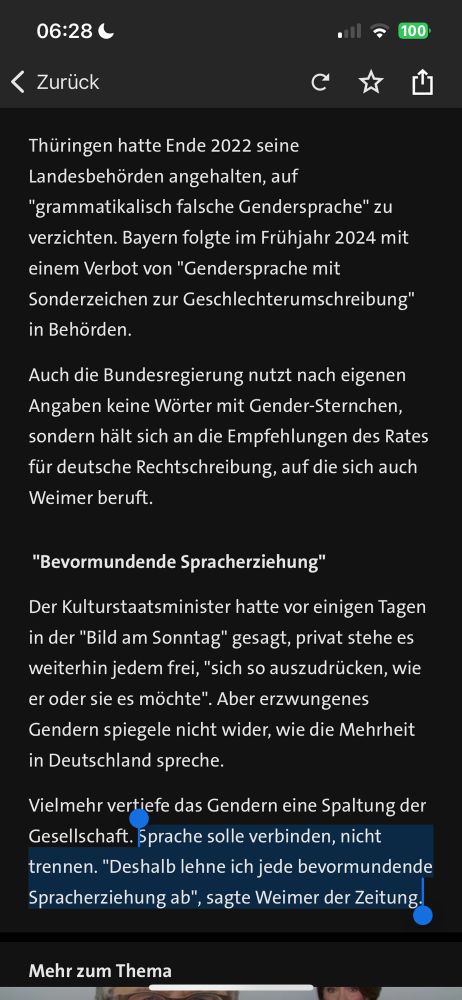 Artikel in tagesschau.de über Genderverbot, der mit einem hervorgebenen Abschnitt endet.

„Sprache solle verbinden, nicht trennen. "Deshalb lehne ich jede bevormundende Spracherziehung ab", sagte Weimer der Zeitung.“