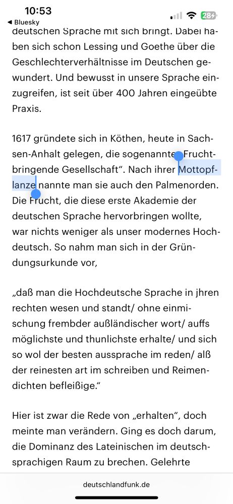 Artikel von deutschlandradio.de über Sprache. Gekennzeichnet ist das Wort „Mottopflanze“, das im Zeilenumbruch „Mottopf-lanze“ getrennt ist.