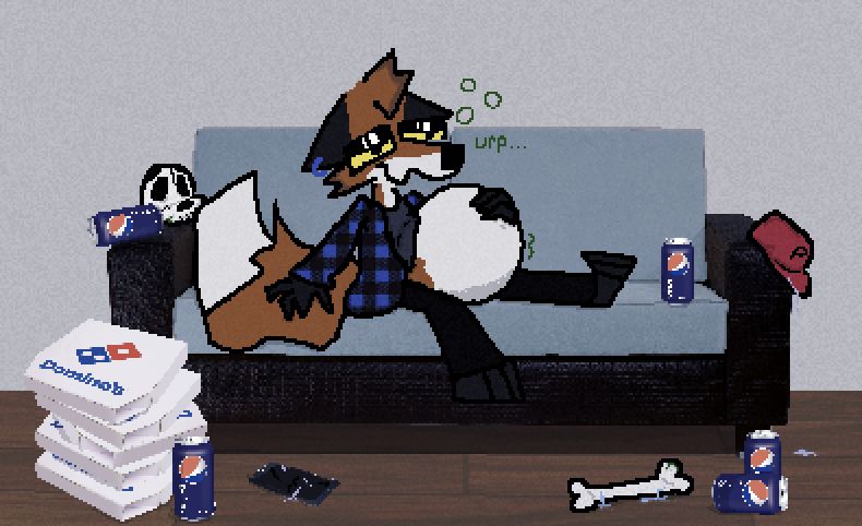 my fox fursona lounging on a sofa, letting out a small burp and embracing their large gut with one hand. strewn about the area are a pile of pizza boxes, a handful of soda cans, a broken smartphone, skull, a nondescript bone, and a discarded delivery driver baseball cap.