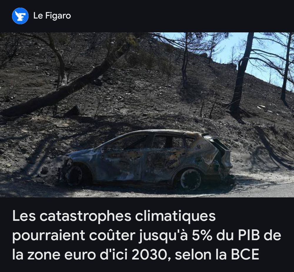 Impression écran d'un article du Figaro titré : les catastrophes climatiques pourraient coûter jusqu'à 5 % du PIB de la zone euro d'ici 2030, selon la BCE