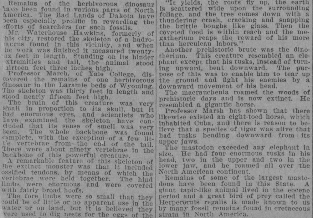 Excerpts of more of the article, including mentions of Benjamin Waterhouse Hawkins and Othniel Charles March, what Hadrosaurus fossils are like and why they were special, and also a list of non-dinosaur animals with a tiny blurb about them, such as Dinotherium, Macrauchenia, Mastodon, Hesperornis.