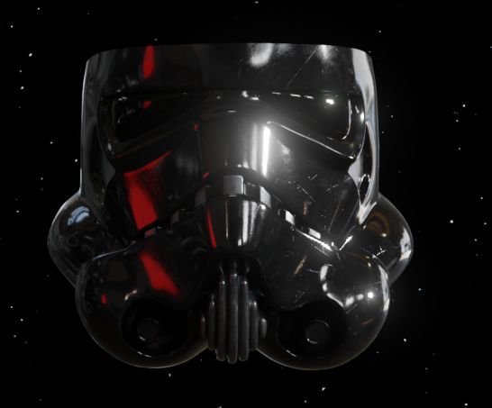 A Blender viewport screenshot of an overly-shiny TIE fighter pilot helmet faceplate