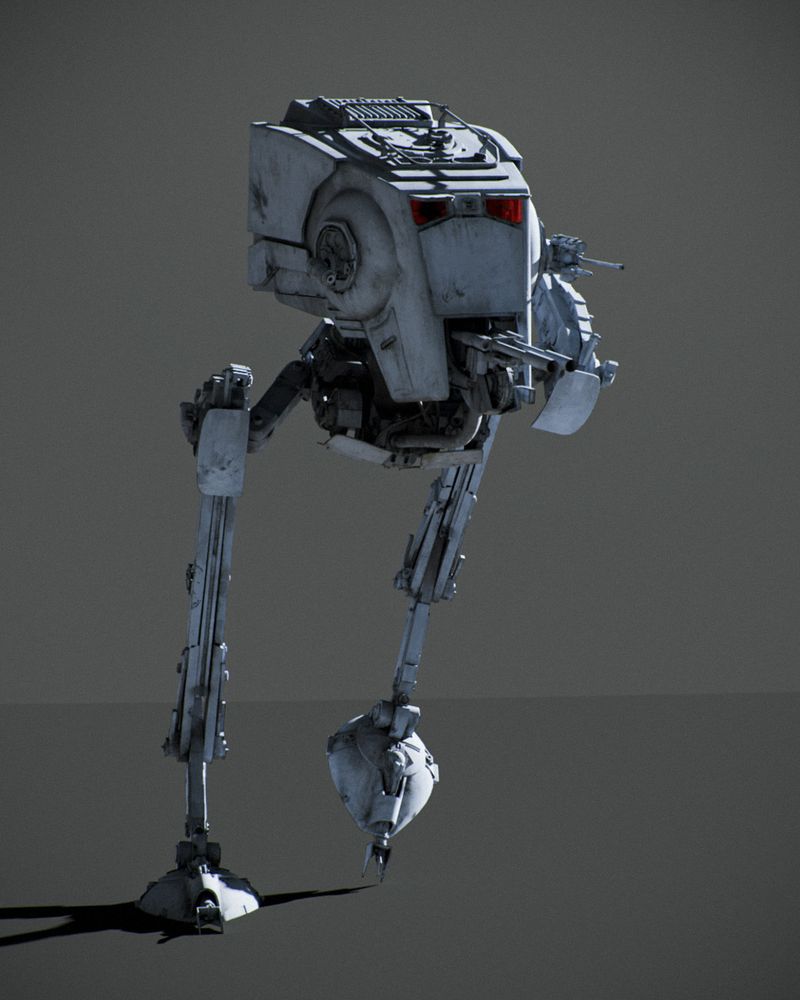 A 3D render of an AT-ST from Star Wars, facing towards the right of the frame, on a nondescript gray backdrop. In this render it is mid-stride. Its left leg is raised off the ground, and the whole walker is leaning to one side in a way where its center of gravity is not above its one planted leg, it would need to take a step forward to stay upright.