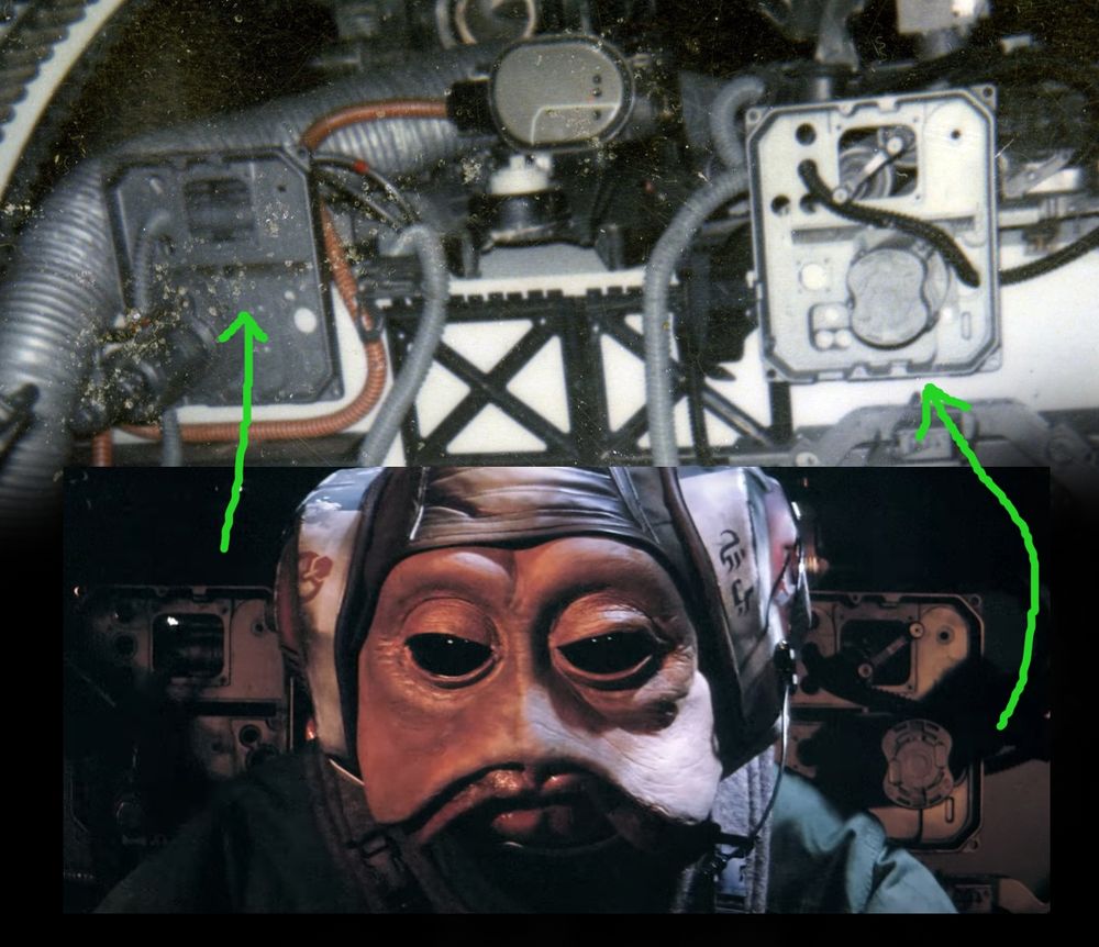 A comparison of the behind the scenes photo of the rear of the B-wing cockpit and a screenshot from a deleted shot of a Sullustan B-wing pilot, showing that the greebles on the rear of the cockpit are a match.