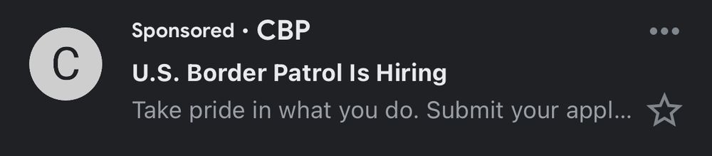 Gmail ad that says “US border patrol is hiring”