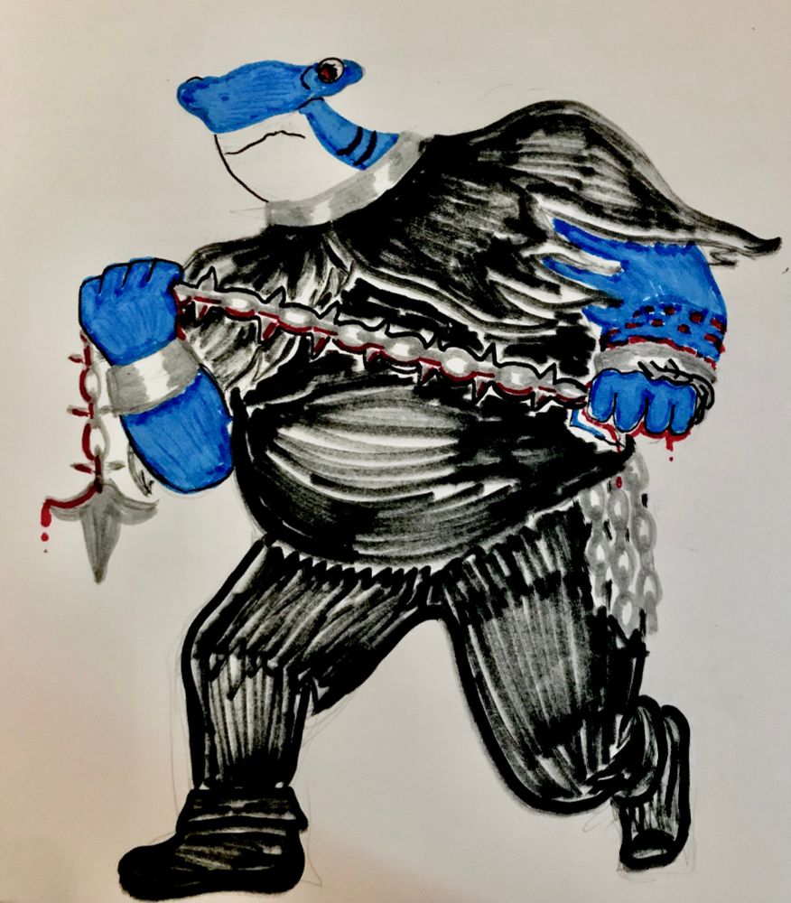 A marker illustration of a fat, tall hammerhead shark man. He's looking down with a red glint in his eye towards something out of frame. He wears a metal collar and shackles on his wrists, with one of them connected to a long, spiked chain. He's wrapped the chain around his hand to hold it, leaving puncture holes in his arm where it was previously kept. Blood spills from his hands and covers the chain.