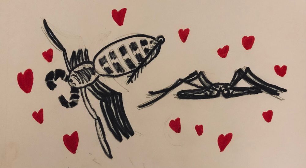 Simple black marker drawings of a vinegaroon and tailless whip scorpion. They are surrounded by small red hearts