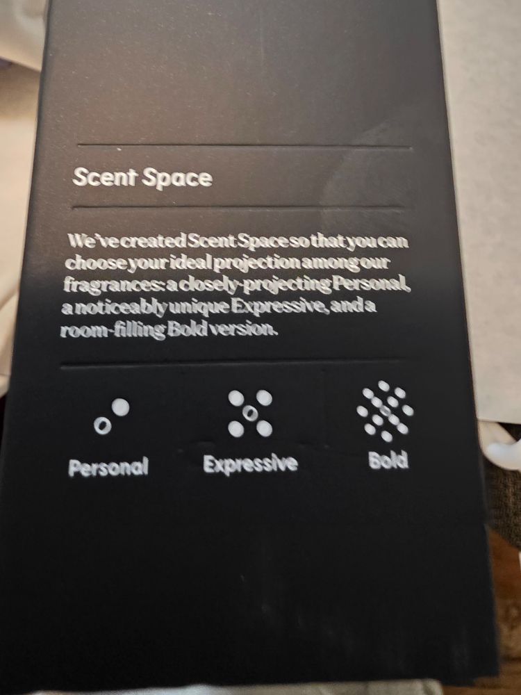 Back of the commodity milk+ perfume box. The box is matt blCk with white lettering. The text on the back of the box describes their co depth of scent spaces and reads " scent space we have created scent space so that you can choose your ideal projection among our fragrances: a closely projecting personal, a noticeably unique expression e, and a room filling bold version" 