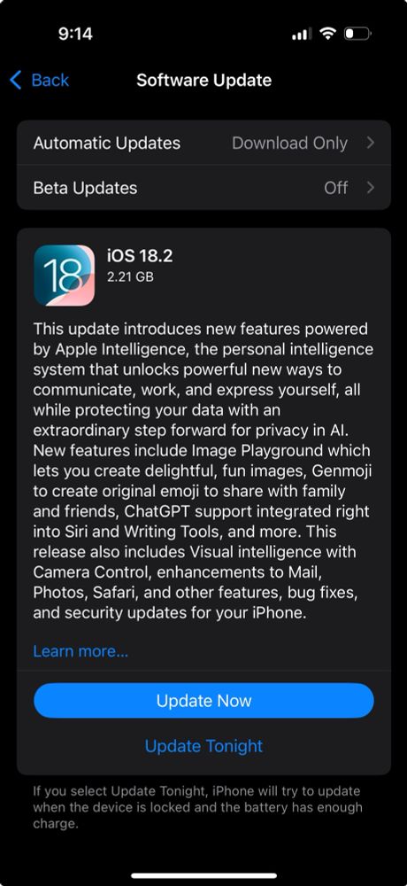 Screenshot of the iOS 18.2 software update screen that includes a summary of the changes, many of which are related to Apple Intelligence, above two buttons. The first labeled “update now” and the other labeled “updating tonight.”