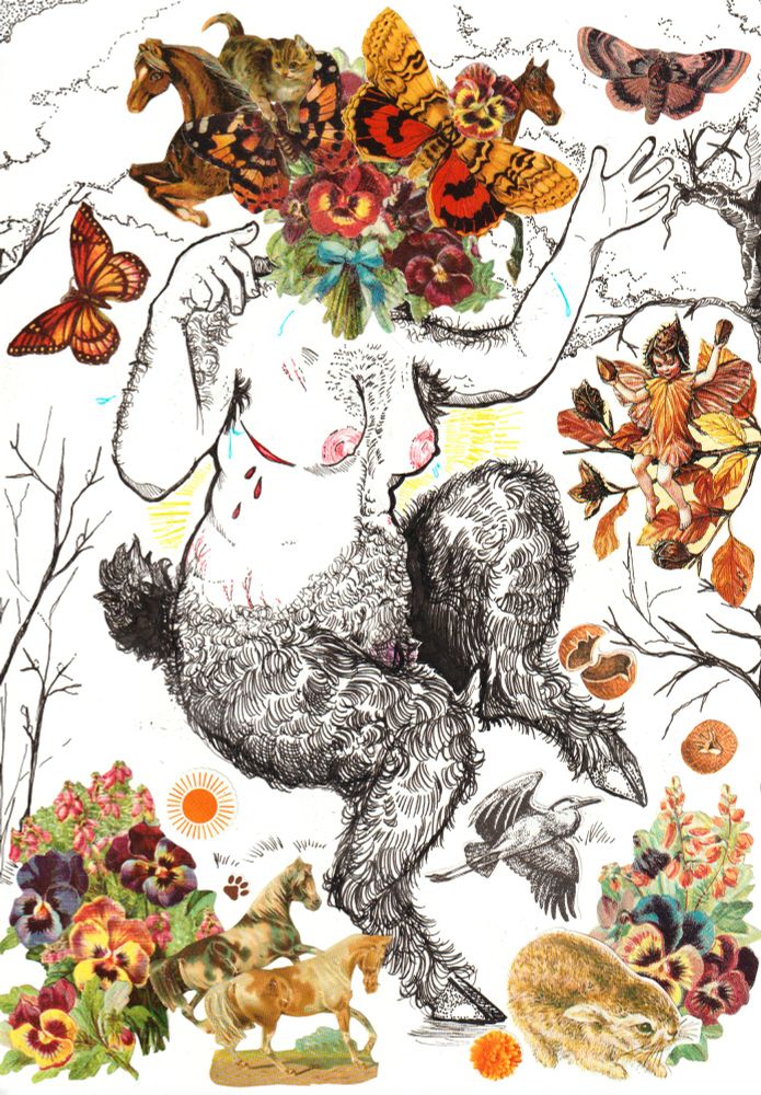 Drawing of a faun with a head made of cutout pictures in a forest landscape with other cutout pictures.