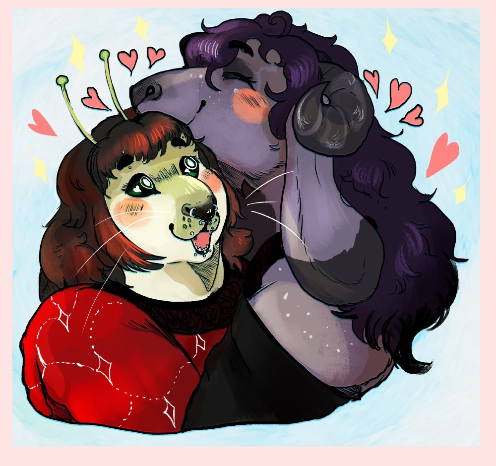 Digital drawing of two cuddling furries. The other furry is a seal-like alien, with light greenish fur and antennas. The second character is a greyish purple lamb. 