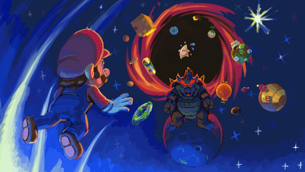 mario (from mario galaxy for the Wii) in a galaxy looking at a very scary bowser (also from mario galaxy for the Wii) sitting on a moon. 