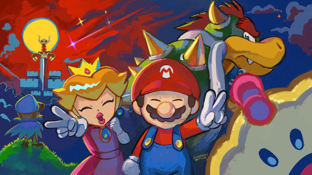 super mario RPG fan art, Mario in the center doing a peace sign, peach at the left doing the same thing, bowser at the right looking mad at them and in the beckground a dark blue sky with a slash of red in the areas around the castle while geno looks at it.
