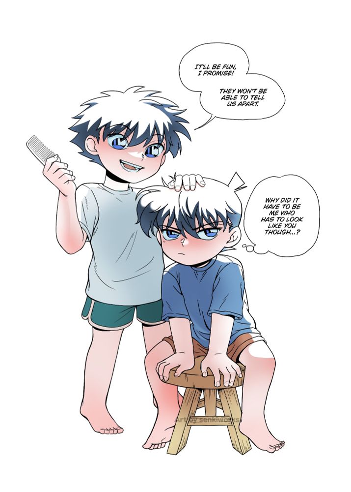 A fanart of young Kuroba Kaito and Kudo Shinichi from Detective Conan/Magic Kaito. Shinichi is sitting on a stool with a grumpy expression as Kaito stands with a smile and a comb in one hand, the other resting on top of Shinichi's head. Kaito says "It'll be fun, I promise! They won't be able to tell us apart." Shinichi thinks "Why did it have to be me who has to look like you though?"
