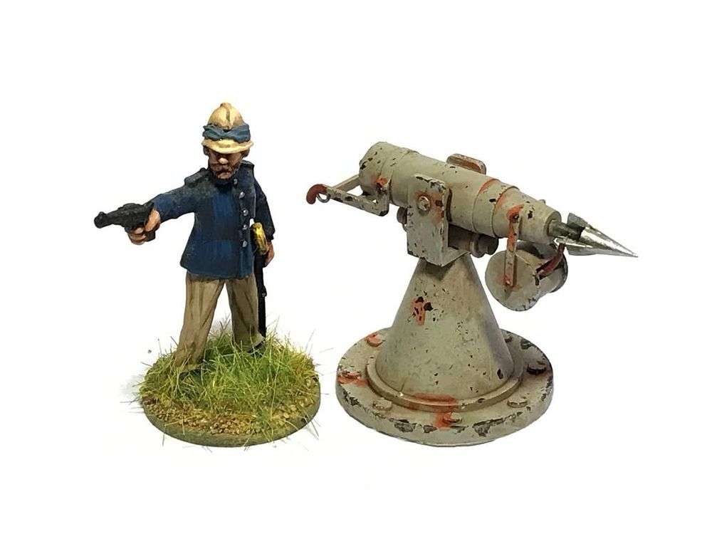 On the right is a 28mm scale vsf harpoon gun painted grey with some suitable weathering. On the left is the officer who is in charge (navy blues and a pith helmet). 