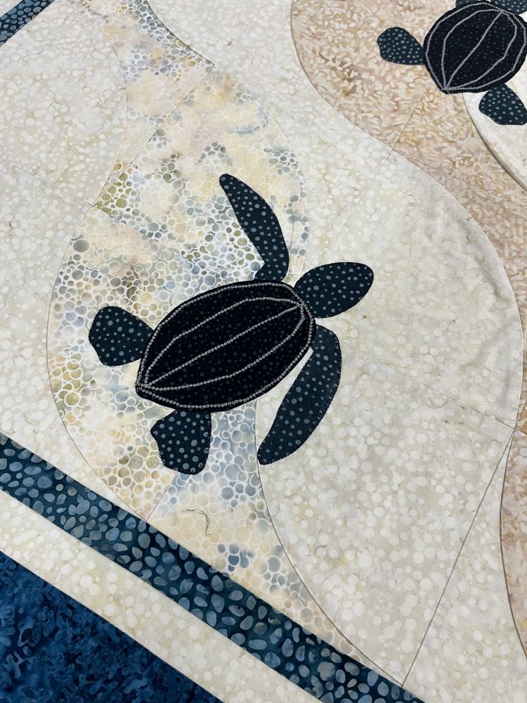 Closer view of a black leatherback turtle on a beige background with blue borders. 