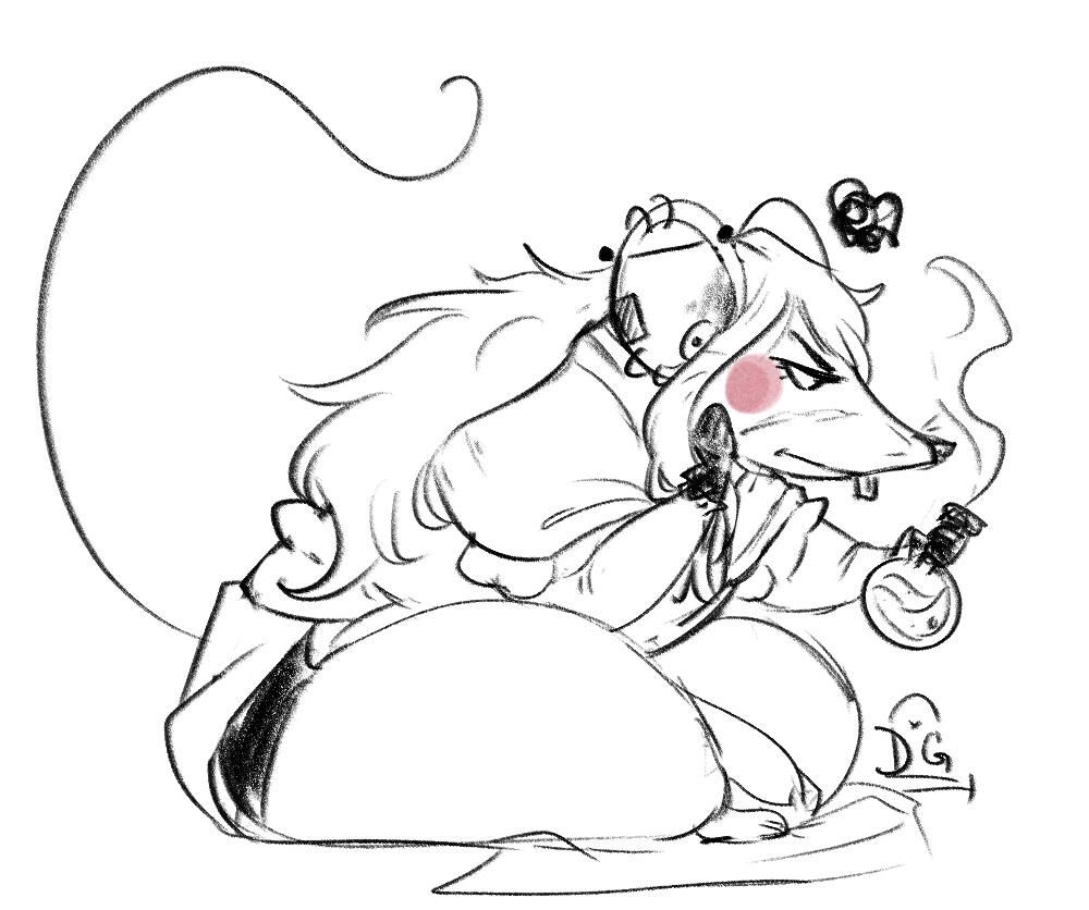 A mouse sitting and leaning over frustrated as they stair at a potion bottle in their hand