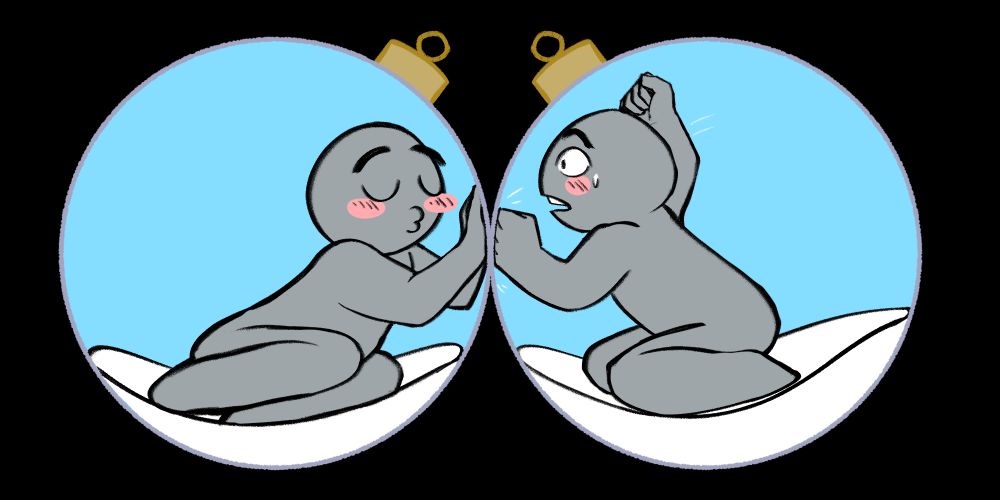 Two blank ornaments with blank chibi figures in each, facing one another. One has a kiss face while the other blushes, eyes wide