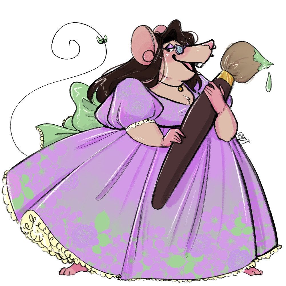 A mouse looking smug with long brown hair and a large goofy purple dress holding a large paintbrush
