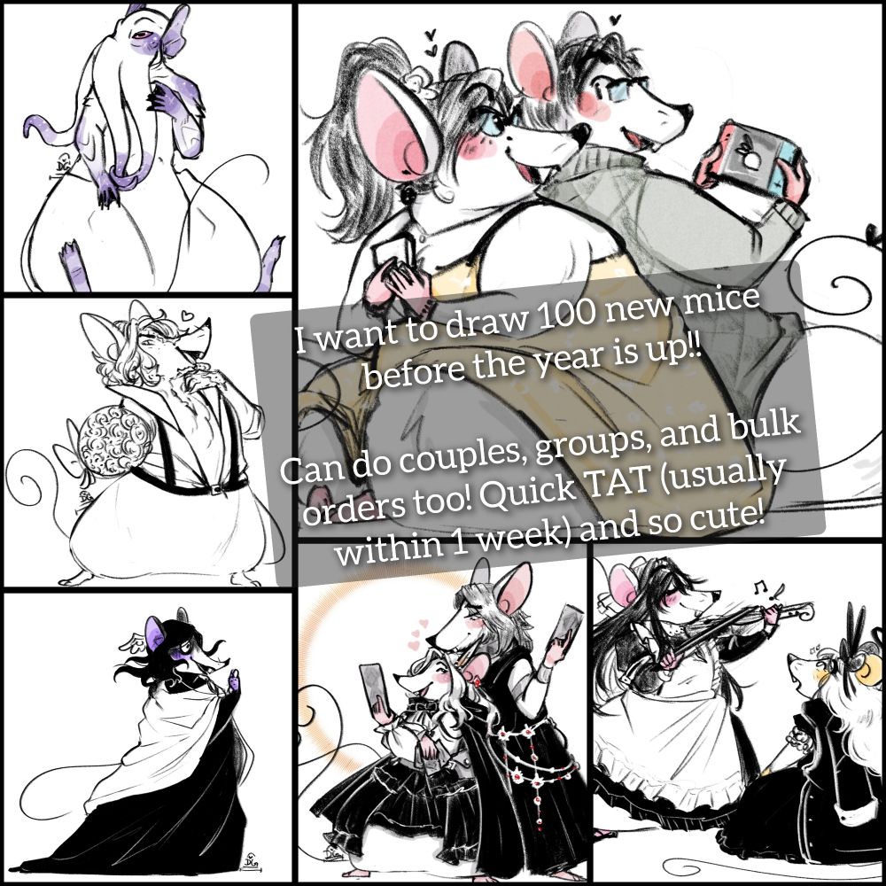 Another collage or drawn rodents this time with text overlay stating "I want to draw 100 new mice before the year is up!! Can do couples, groups, and bulk orders too! Quick TAT (Usually within 1 week) and so cute!"