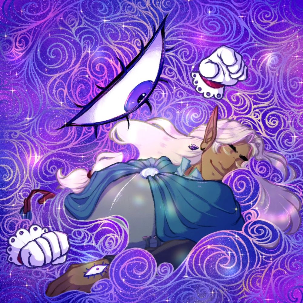 A long blonde haired elf like man lays sleeping in billowing clouds of purple and blue glittery smoke, a large eye looks at him, concerned but enamored. 